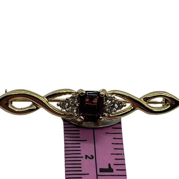 Bar Brooch Gold Tone Red and Clear Stones Vintage Secretary Librarian Retro Chic - Picture 7 of 15